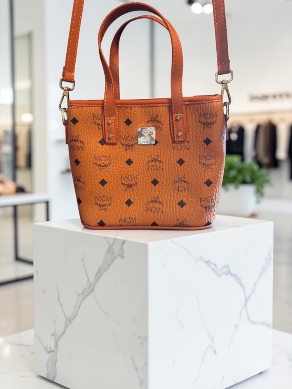 MCM Anya Cognac Visetos Mini Tote Crossbody Bag